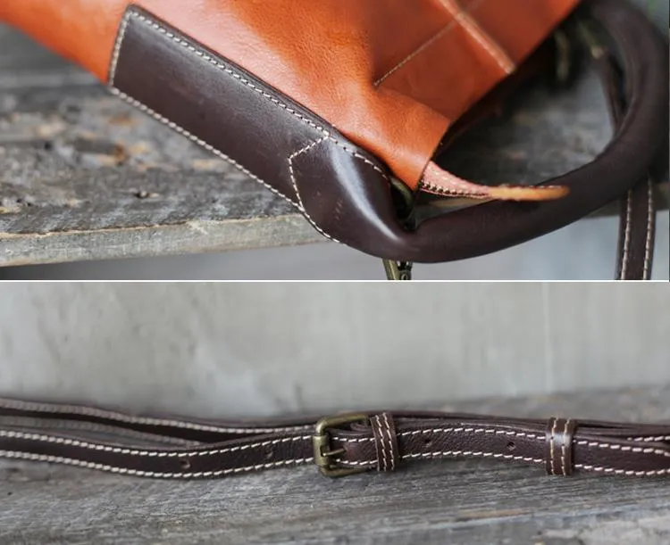 Vintage Womens Brown Leather Bucket Purse Handbag Barrel Side Bag With Zipper for Ladies