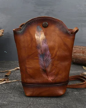 Vintage Womens Brown Leather Shoulder Bucket Bag leather phone Bucket bag for women Side bag crossbody bag