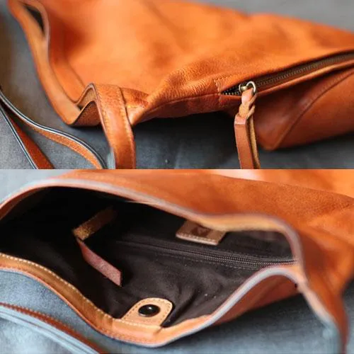 Vintage Womens Brown Leather Shoulder Tote Bag Large Bucket Tote Barrel Tote Purse