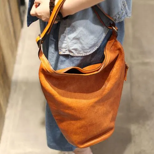 Vintage Womens Brown Leather Shoulder Tote Bag Large Bucket Tote Barrel Tote Purse