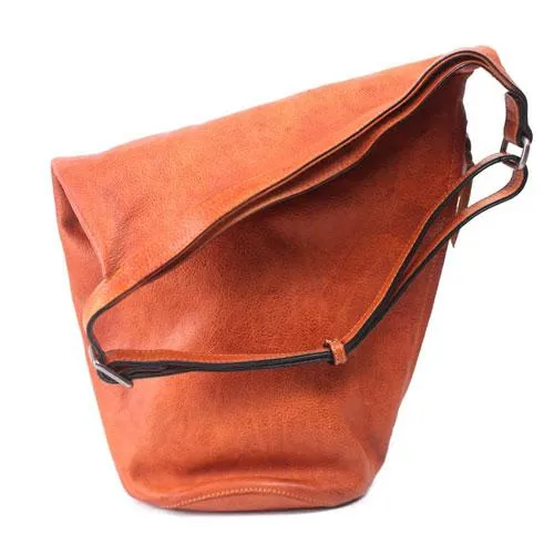 Vintage Womens Brown Leather Shoulder Tote Bag Large Bucket Tote Barrel Tote Purse