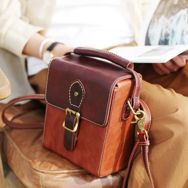 Vintage Womens Green Leather Satchel Small Handbag Bucket Shoulder Bag Brown Box Bags Purses