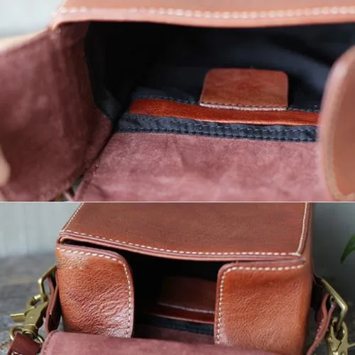 Vintage Womens Green Leather Satchel Small Handbag Bucket Shoulder Bag Brown Box Bags Purses