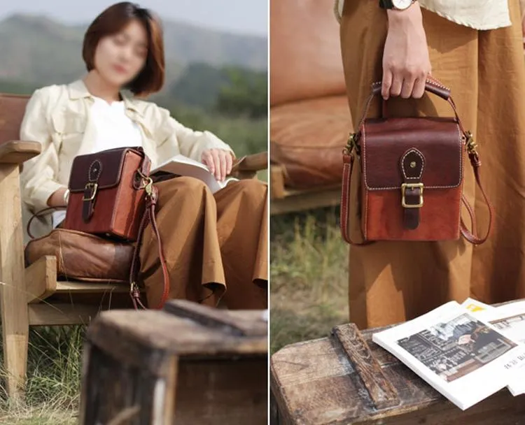 Vintage Womens Green Leather Satchel Small Handbag Bucket Shoulder Bag Brown Box Bags Purses