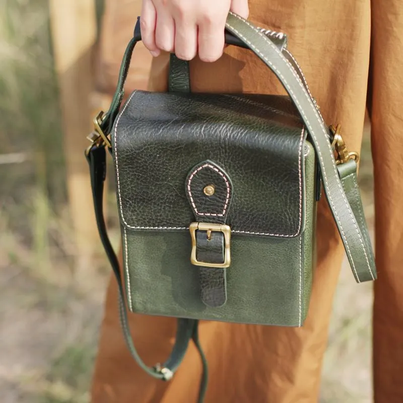 Vintage Womens Green Leather Satchel Small Handbag Bucket Shoulder Bag Brown Box Bags Purses