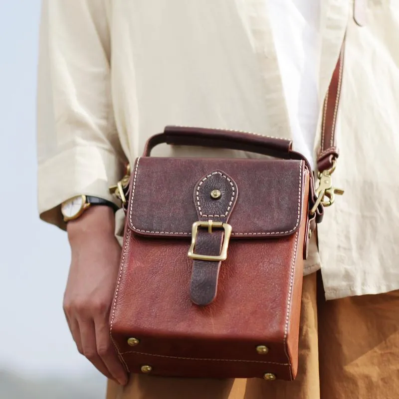 Vintage Womens Green Leather Satchel Small Handbag Bucket Shoulder Bag Brown Box Bags Purses