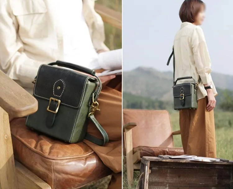 Vintage Womens Green Leather Satchel Small Handbag Bucket Shoulder Bag Brown Box Bags Purses
