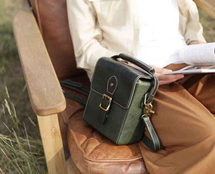 Vintage Womens Green Leather Satchel Small Handbag Bucket Shoulder Bag Brown Box Bags Purses
