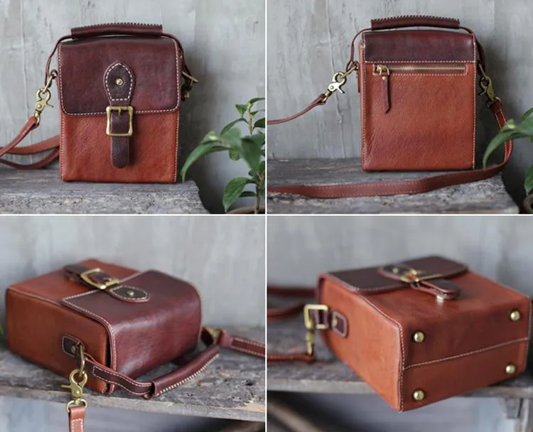 Vintage Womens Green Leather Satchel Small Handbag Bucket Shoulder Bag Brown Box Bags Purses
