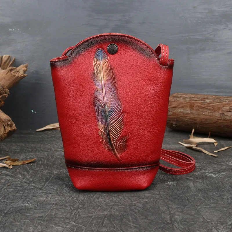 Vintage Womens Leather Shoulder Bucket Bag leather phone Bucket bag for women Side bag crossbody bag