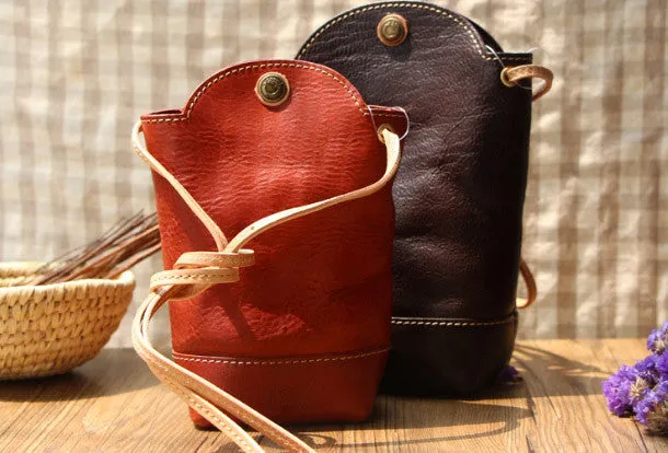 Vintage Womens Leather Shoulder Bucket Bag leather phone Bucket bag for women Side bag crossbody bag
