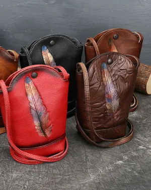 Vintage Womens Leather Shoulder Bucket Bag leather phone Bucket bag for women Side bag crossbody bag