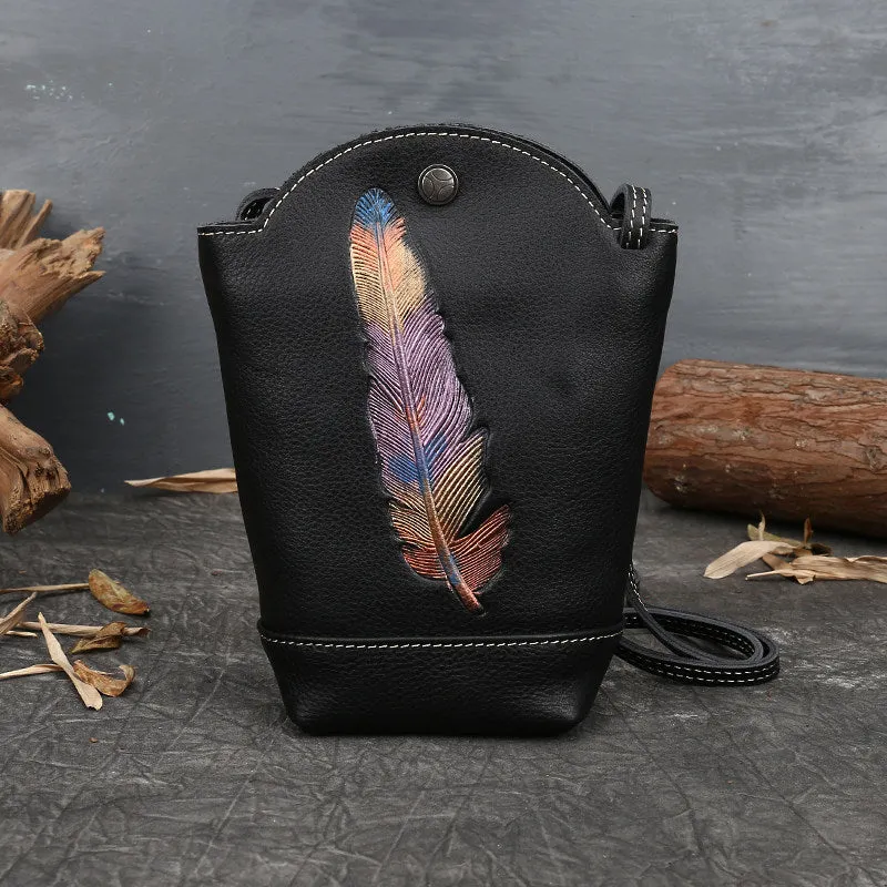 Vintage Womens Leather Shoulder Bucket Bag leather phone Bucket bag for women Side bag crossbody bag