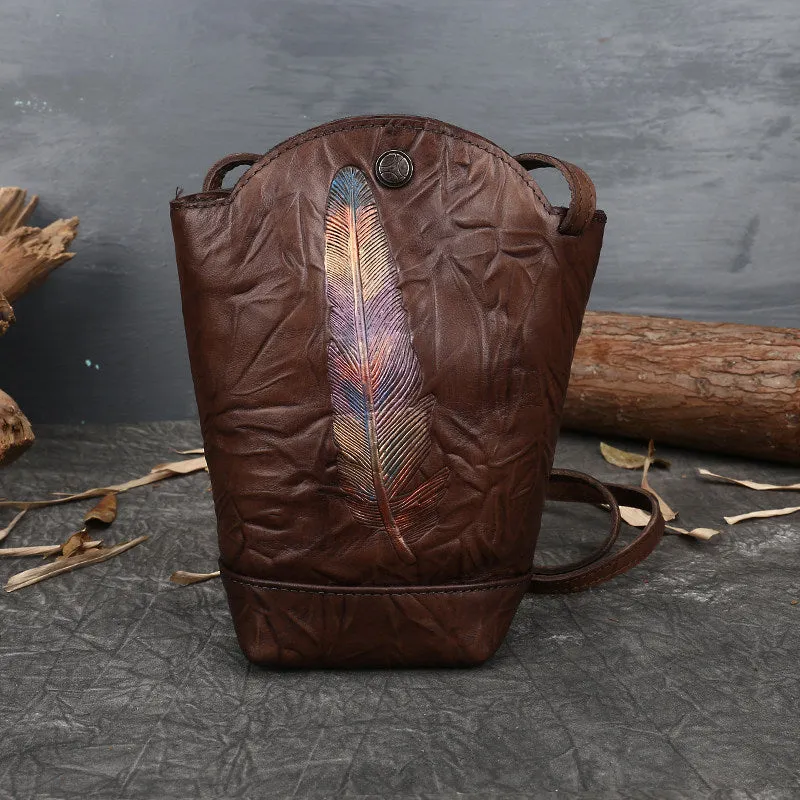 Vintage Womens Red Leather Shoulder Bucket Bag leather phone Bucket bag for women Side bag crossbody bag