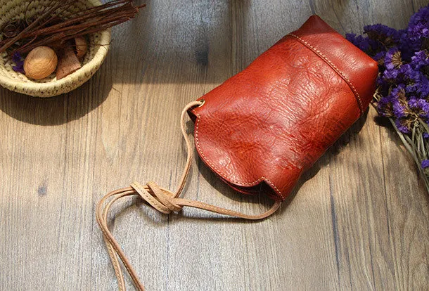 Vintage Womens Red Leather Shoulder Bucket Bag leather phone Bucket bag for women Side bag crossbody bag