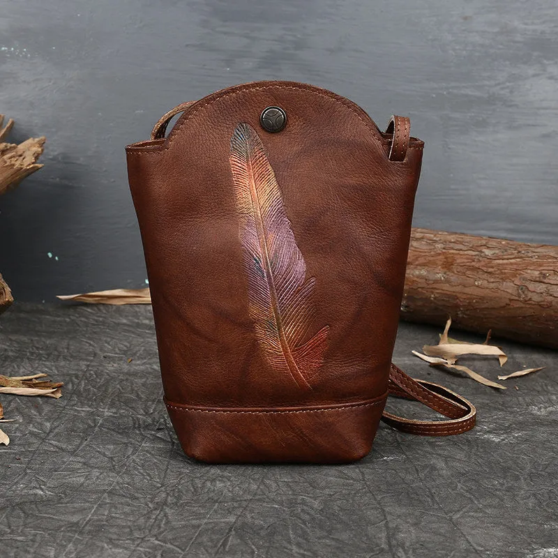Vintage Womens Red Leather Shoulder Bucket Bag leather phone Bucket bag for women Side bag crossbody bag