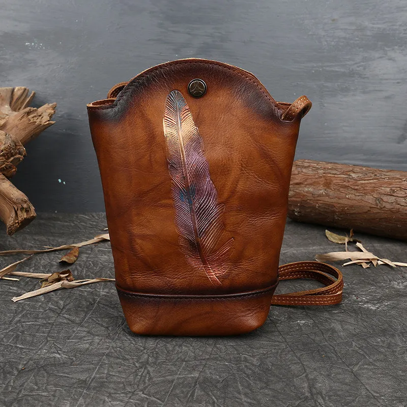 Vintage Womens Red Leather Shoulder Bucket Bag leather phone Bucket bag for women Side bag crossbody bag