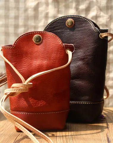 Vintage Womens Red Leather Shoulder Bucket Bag leather phone Bucket bag for women Side bag crossbody bag