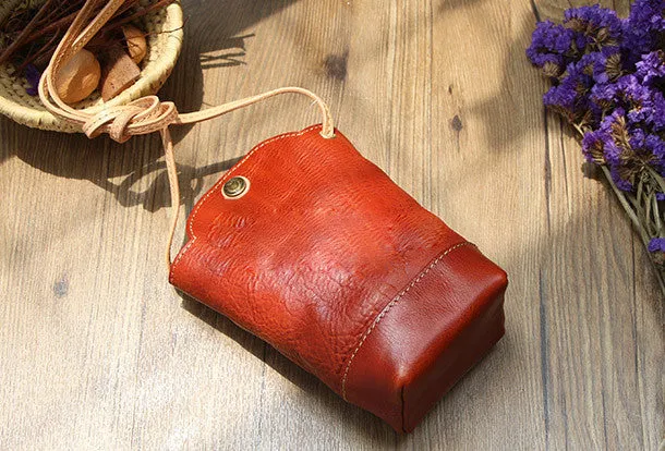 Vintage Womens Red Leather Shoulder Bucket Bag leather phone Bucket bag for women Side bag crossbody bag