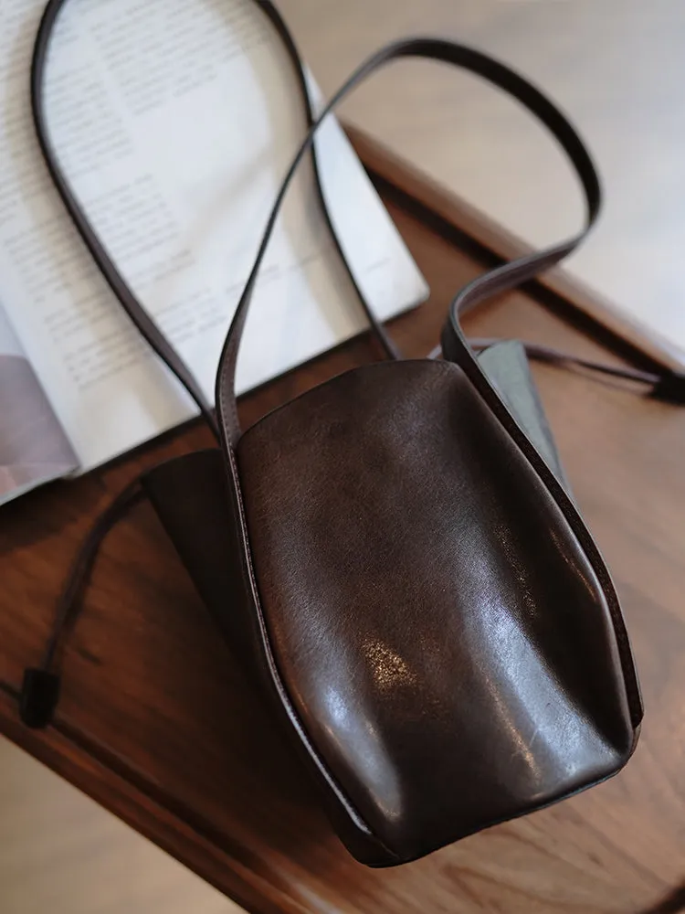 Vintage Womens Tan Leather Small Bucket Shoulder Bag Flower Bud Bucket Purse for Women