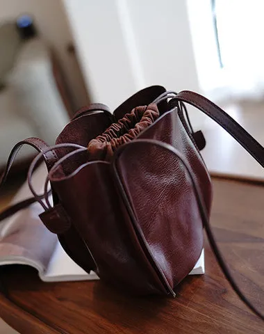 Vintage Womens Tan Leather Small Bucket Shoulder Bag Flower Bud Bucket Purse for Women