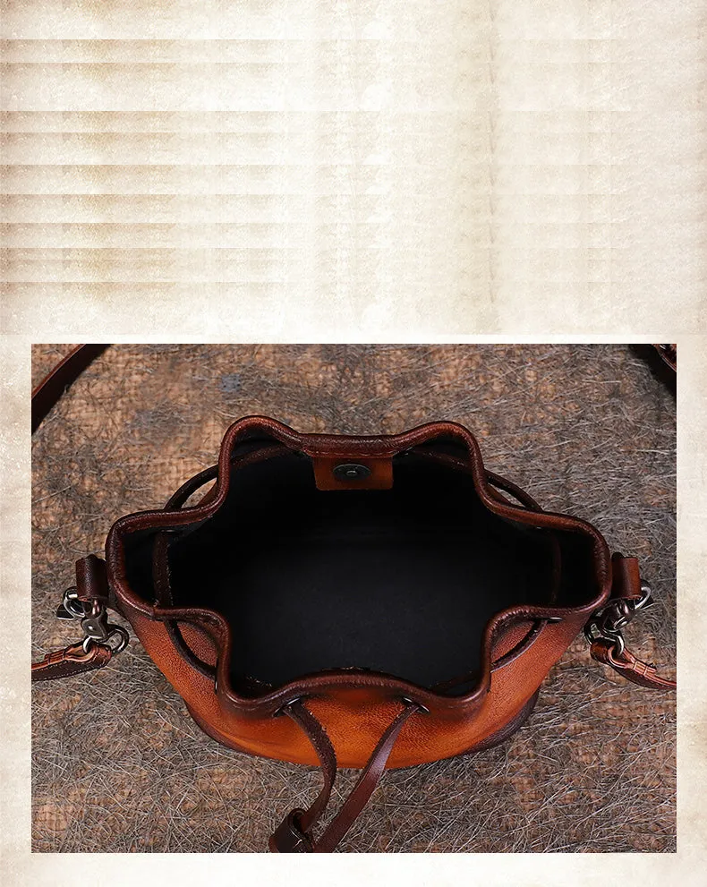 Womens Brown Leather Barrel Crossbody Bag Purse Vintage Round Bucket Shoulder Bag for Women