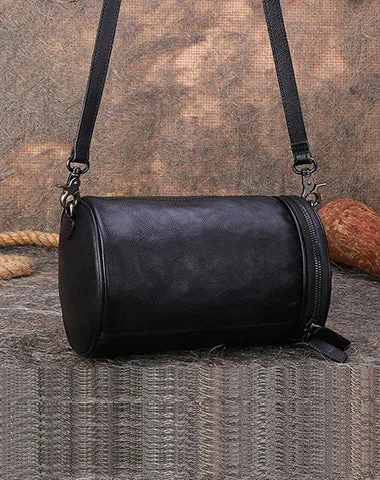 Womens Brown Leather Barrel Shoulder Bag Purse Vintage Round Handbag Bucket Crossbody Purse for Women