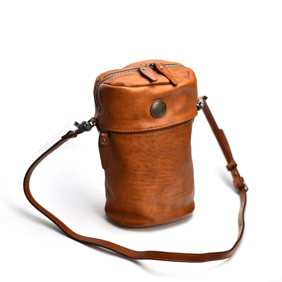 Womens Brown Leather Bucket Crossbody Bag Purse Vintage Handmade Round Barrel Shoulder Bag for Women
