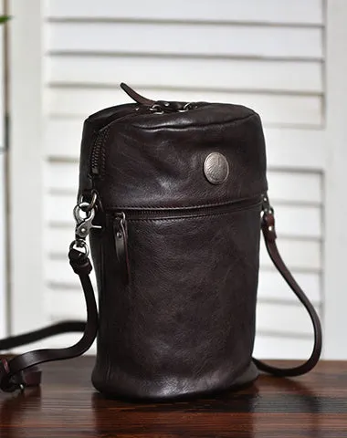 Womens Brown Leather Bucket Crossbody Bag Purse Vintage Handmade Round Barrel Shoulder Bag for Women