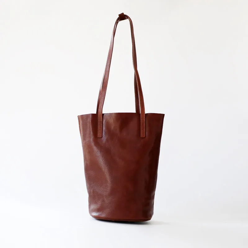 Womens Brown Leather Bucket Tote Purse Vertical Tote Shopper Shoulder Bag for Ladies