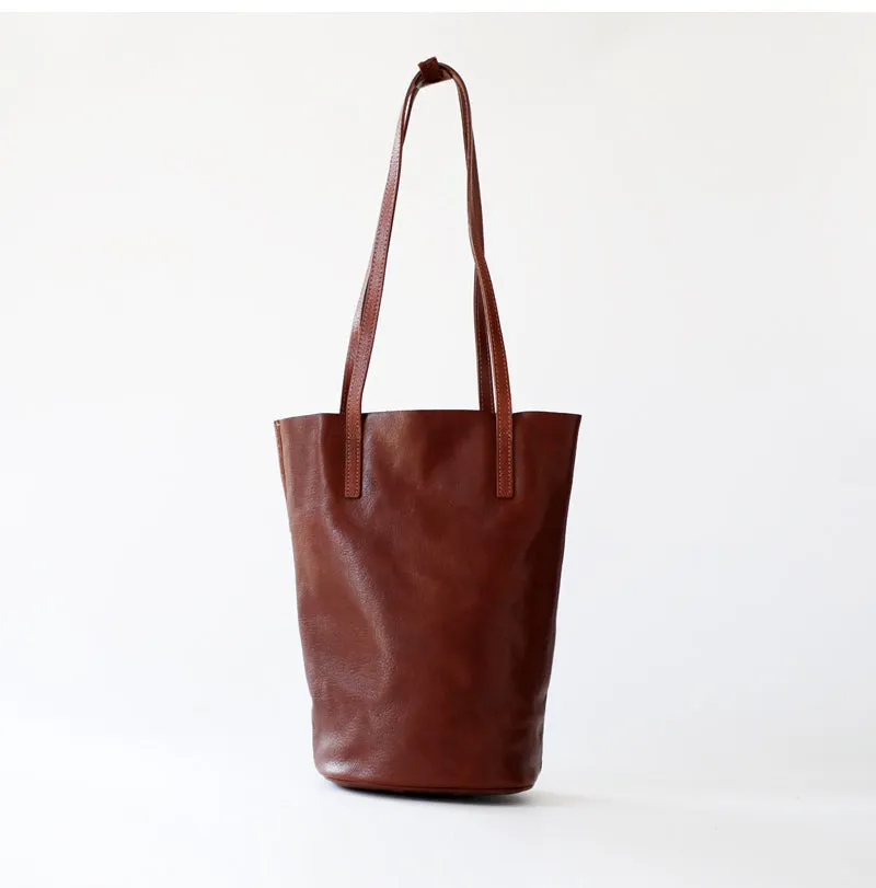 Womens Coffee Leather Bucket Tote Purse Vertical Tote Shopper Shoulder Bag for Ladies