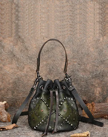 Womens Leather Barrel Handbag Purse Vintage Rivet Round Shoulder Bag Bucket Crossbody Handbag for Women