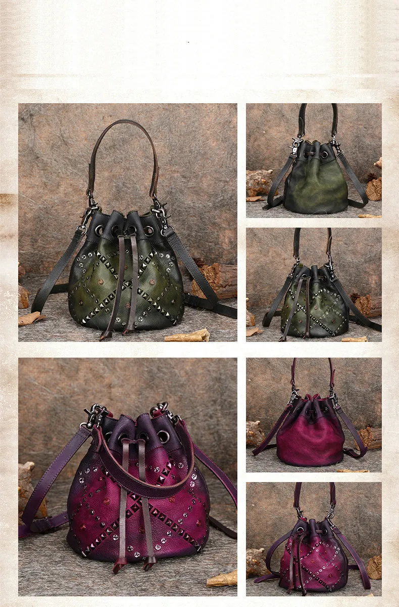 Womens Purple Leather Barrel Handbag Purse Vintage Rivet Round Shoulder Bag Bucket Crossbody Handbag for Women