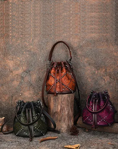 Womens Purple Leather Barrel Handbag Purse Vintage Rivet Round Shoulder Bag Bucket Crossbody Handbag for Women
